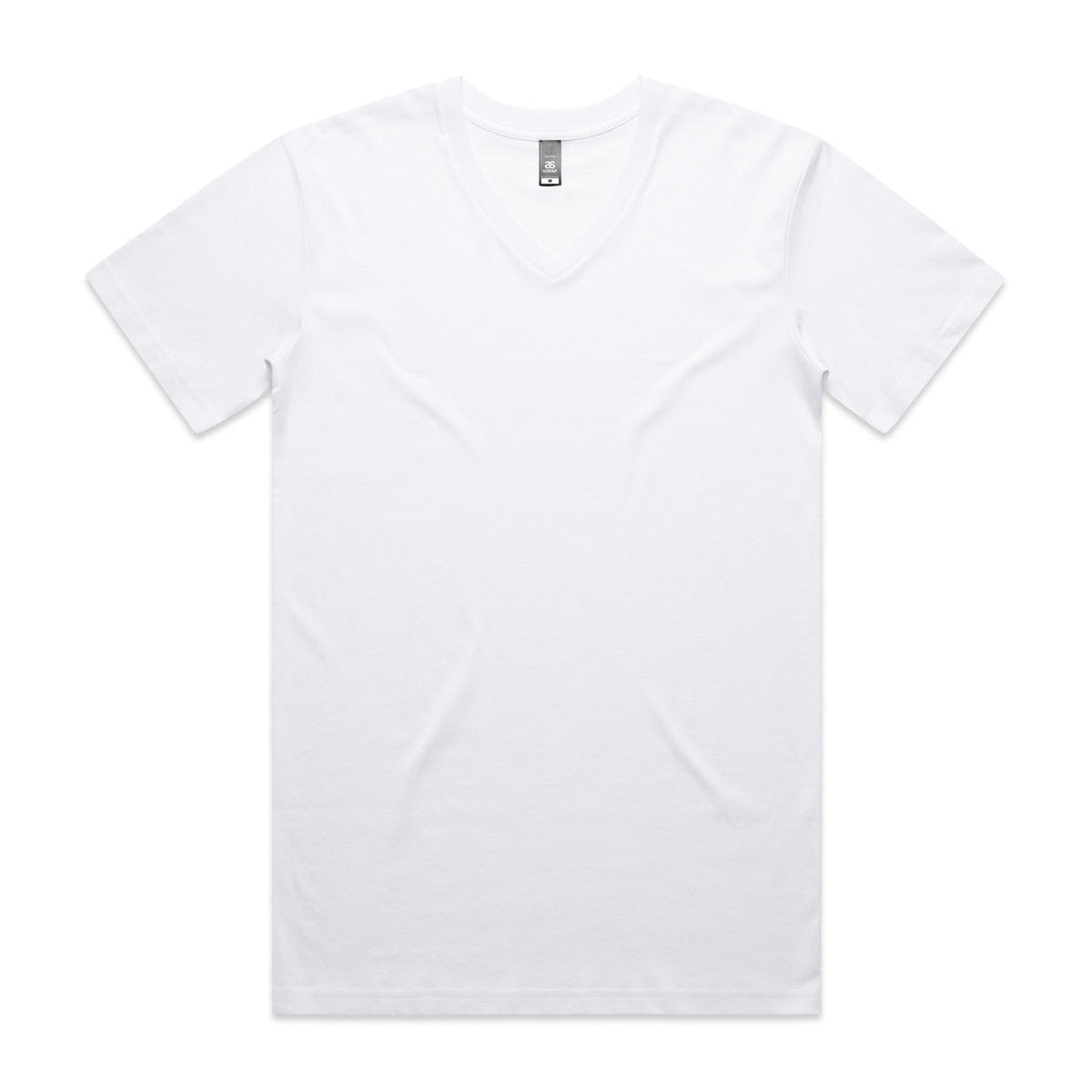 White v-neck t-shirt with short sleeves and a relaxed fit.