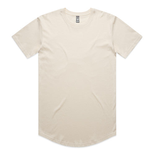 Cream-colored longline t-shirt with curved hem and short sleeves, likely made of cotton or polyester blend.