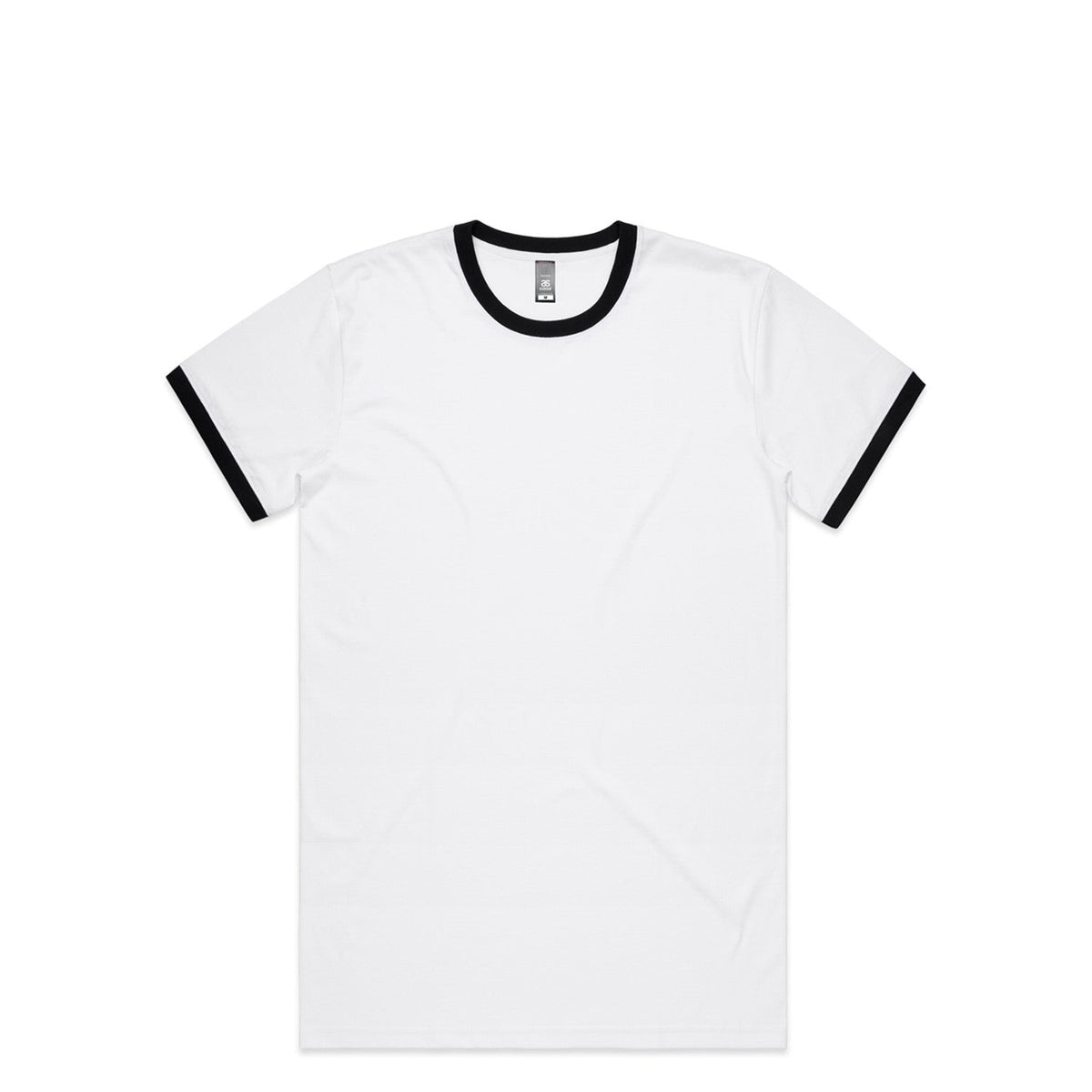 White t-shirt with black ringer collar and cuffs, made of cotton.
