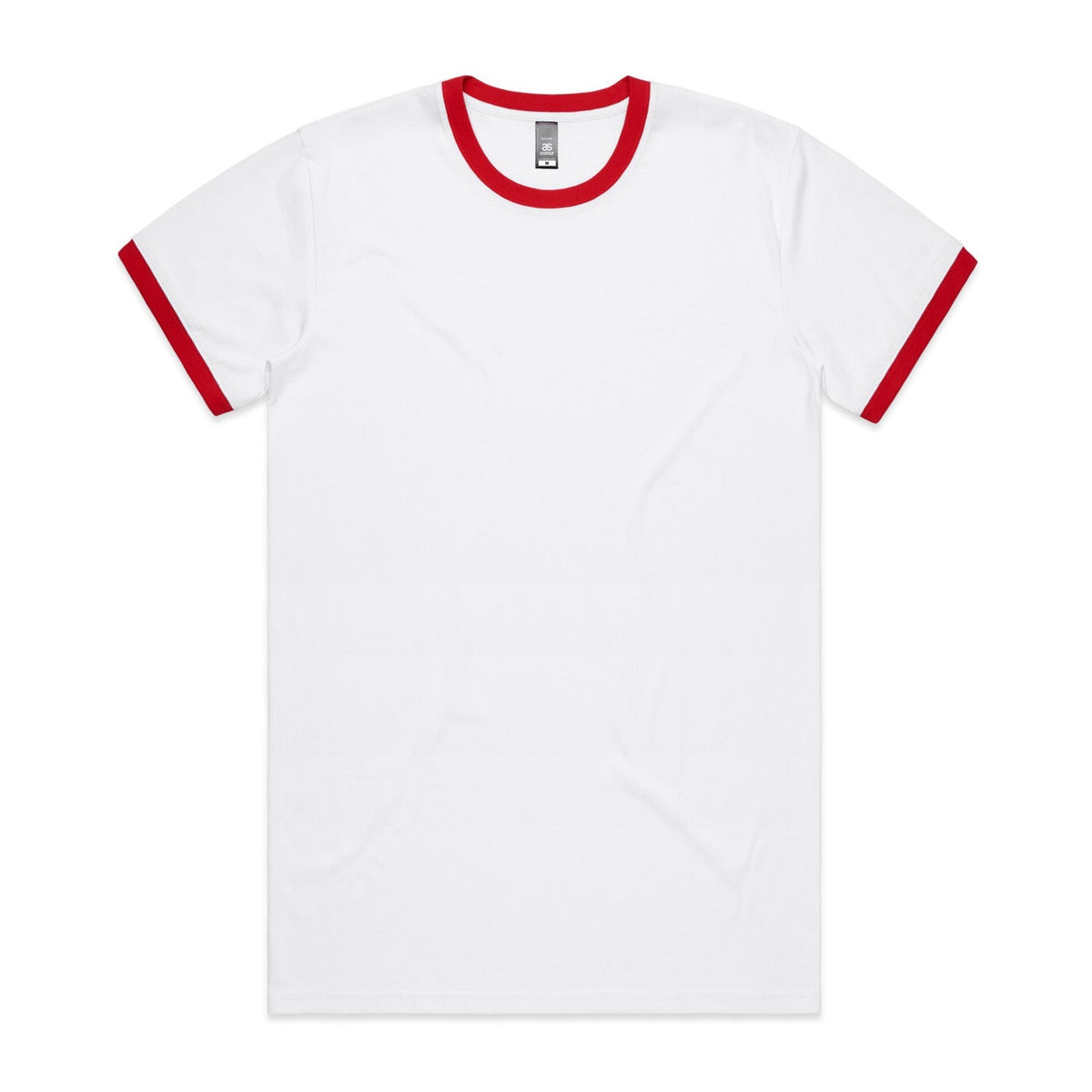 White t-shirt with red trim and collar, made of cotton.