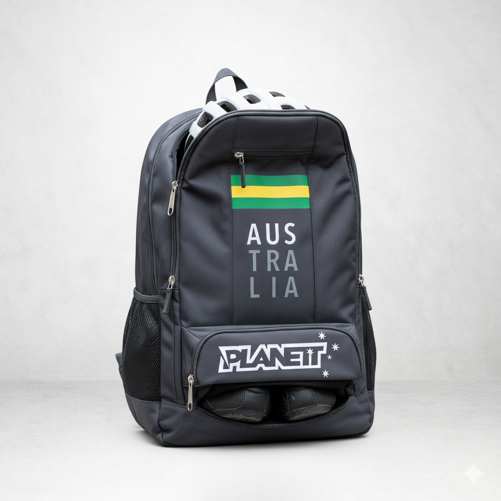 Dark grey backpack with green and yellow stripes, an open top compartment, and a zippered bottom compartment containing shoes.