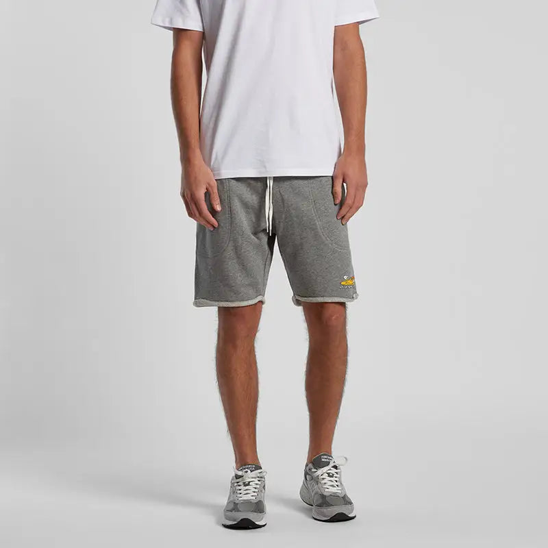 Gray athletic shorts.