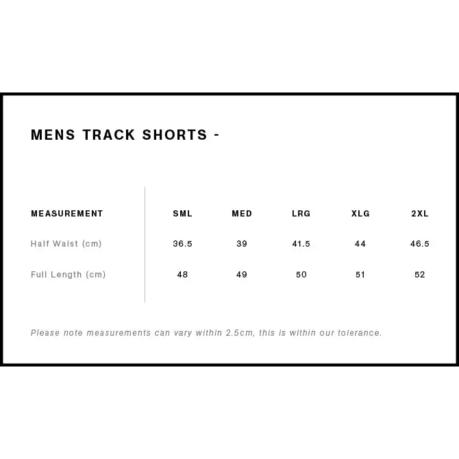 Men’s track shorts size chart.