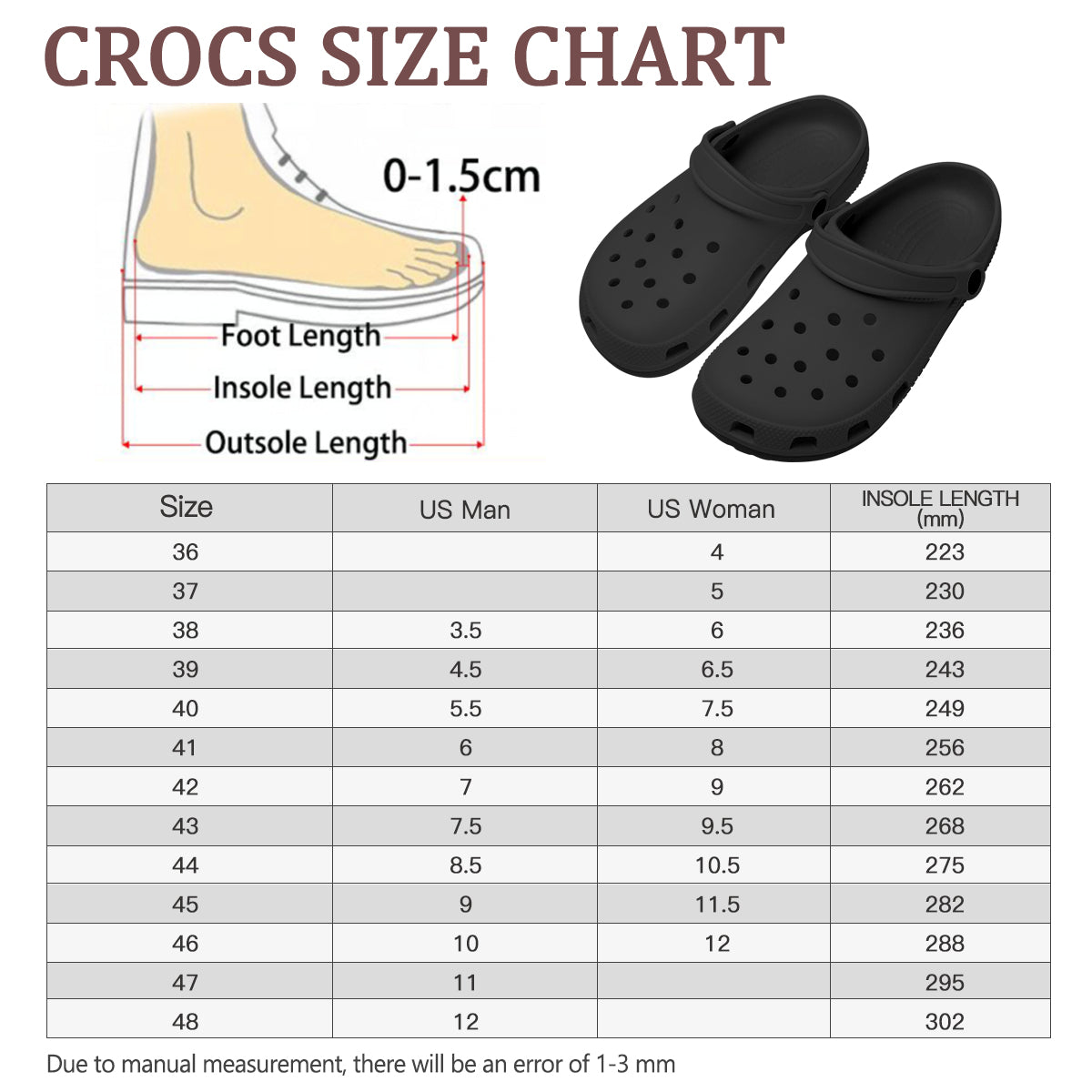 A Crocs shoe size chart with an illustration of foot and shoe measurements and a pair of black Crocs.