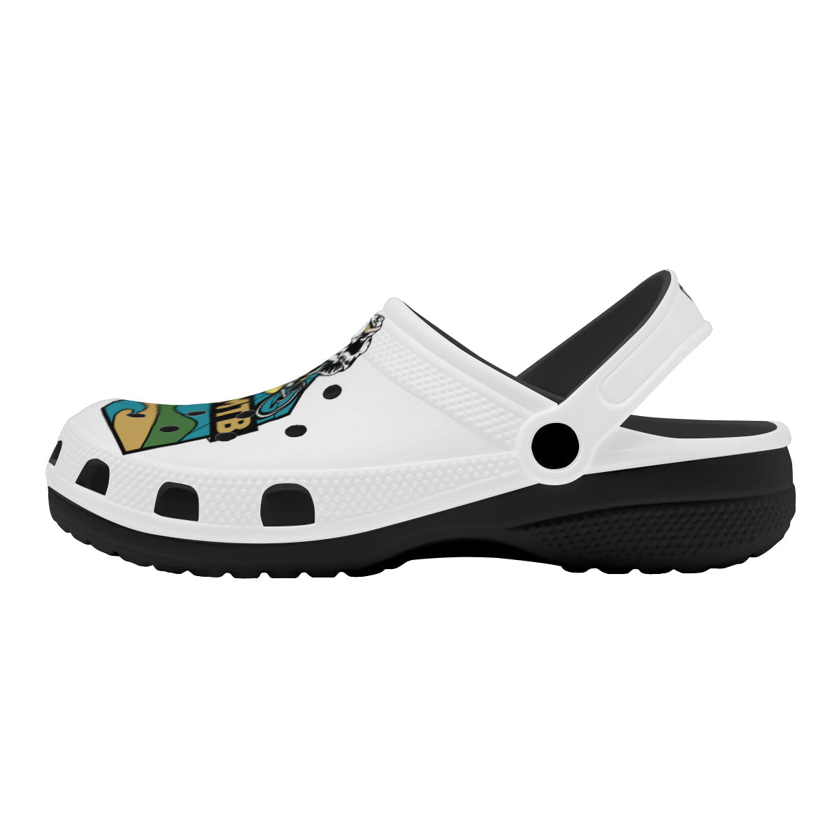 White and black clog-style sandal with a colorful graphic design on the top.
