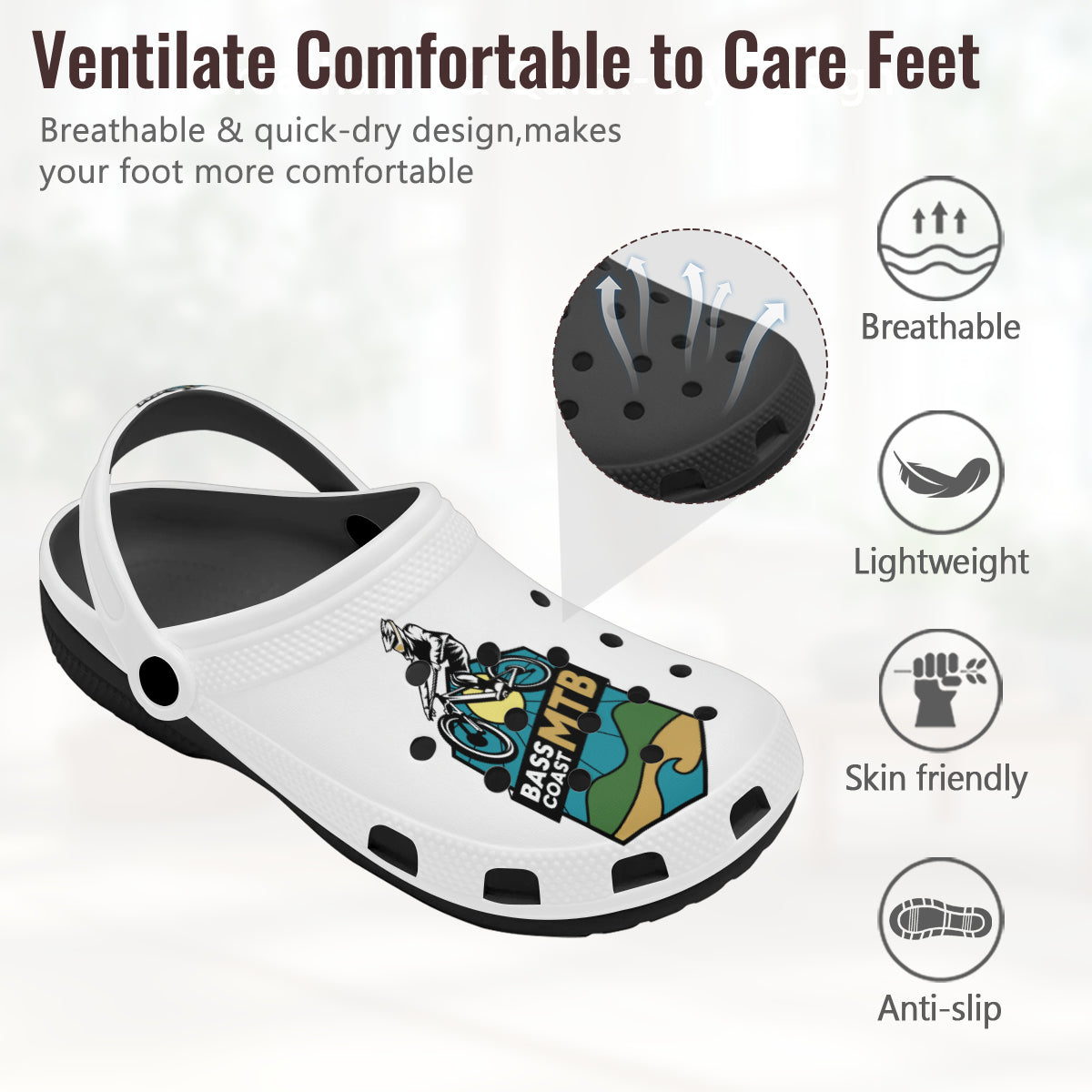 White clogs with a mountain biking graphic.