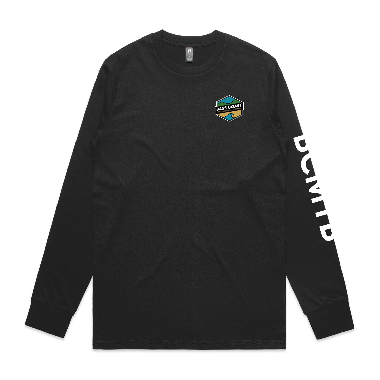 Black long-sleeved t-shirt with a colorful hexagonal logo on the chest and white text on the right sleeve.