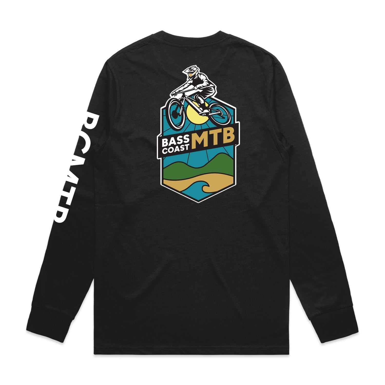 Black long-sleeved t-shirt with a colorful mountain biking graphic on the back and white text on the left sleeve.