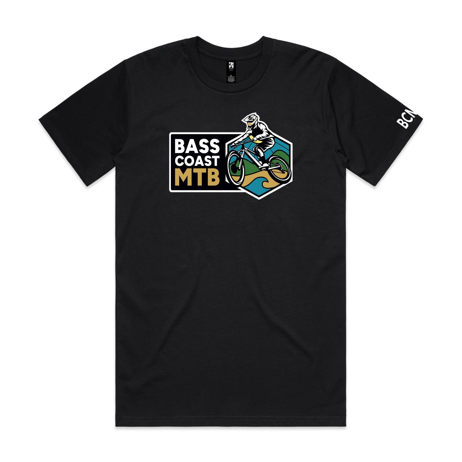 Black t-shirt with a colorful mountain biking graphic.