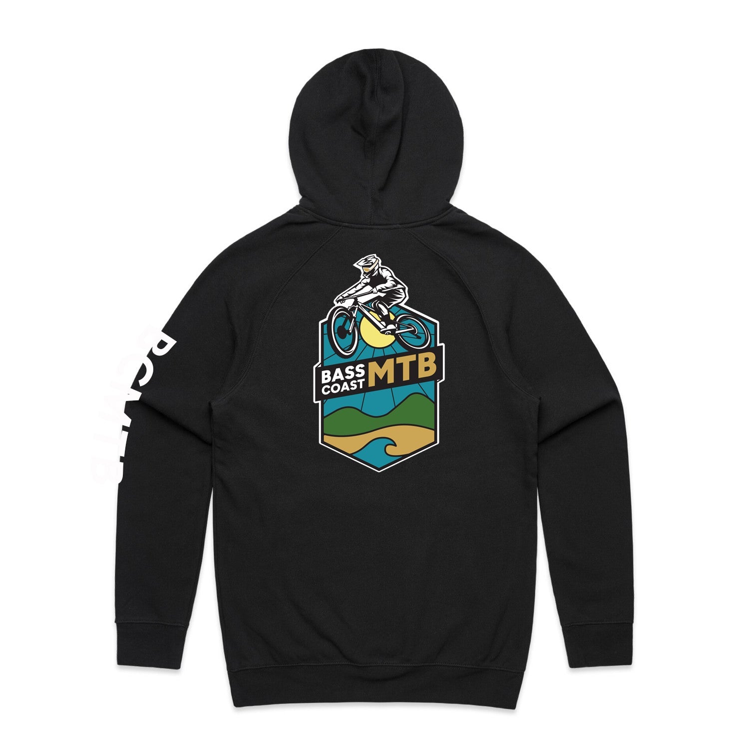 Black hoodie with a colorful ’Bass Coast MTB’ graphic on the back.