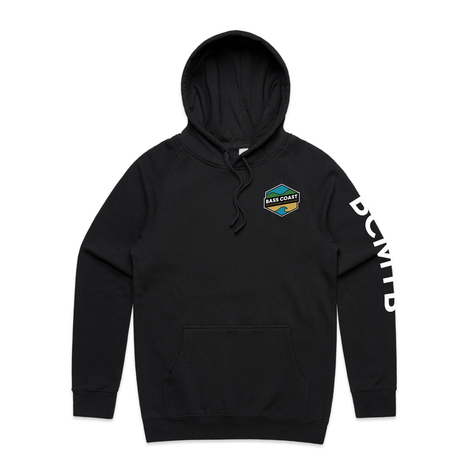 Black hooded sweatshirt with a colorful hexagonal logo and white text on the sleeve.