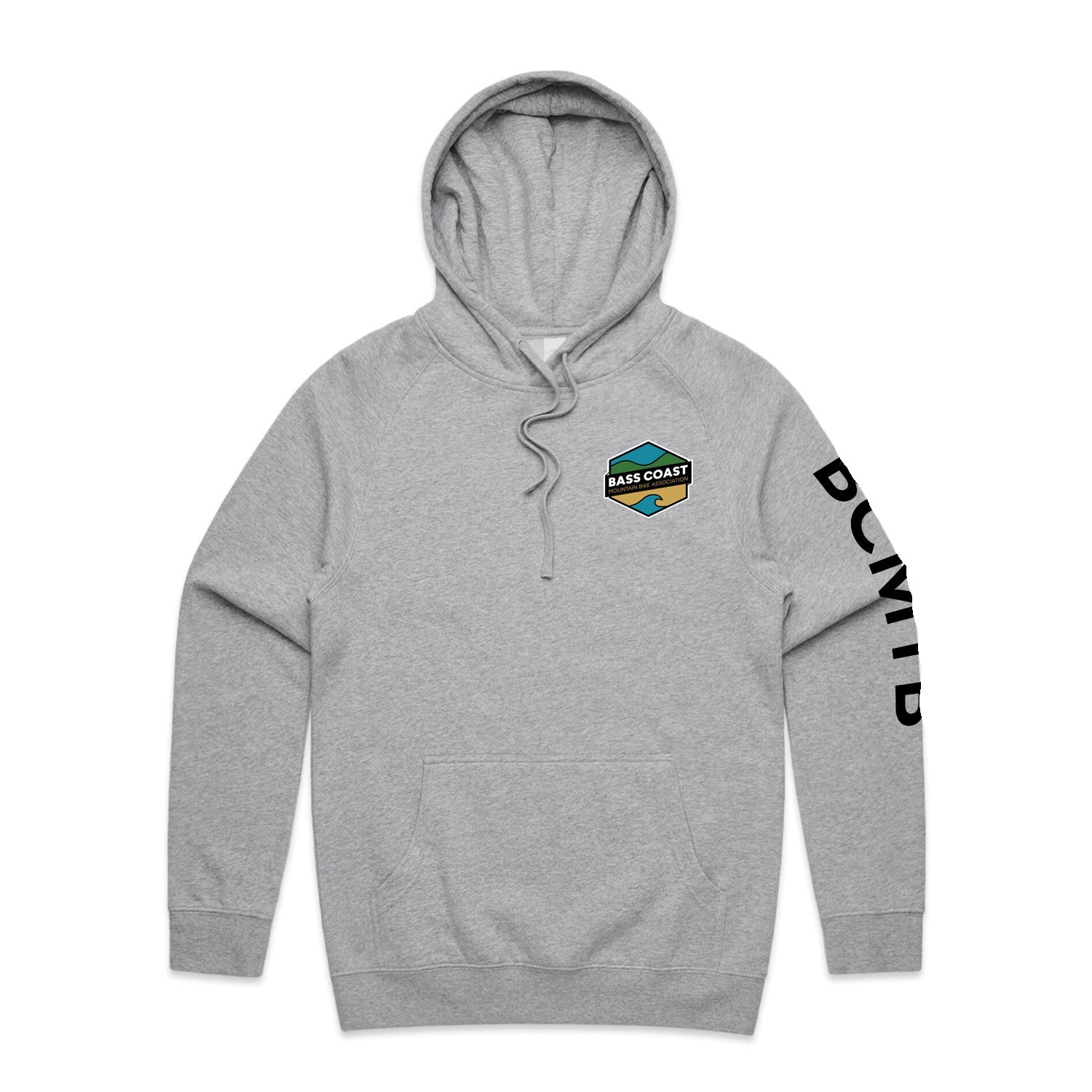 Grey hooded sweatshirt with a colorful hexagonal logo and black text on the sleeve.