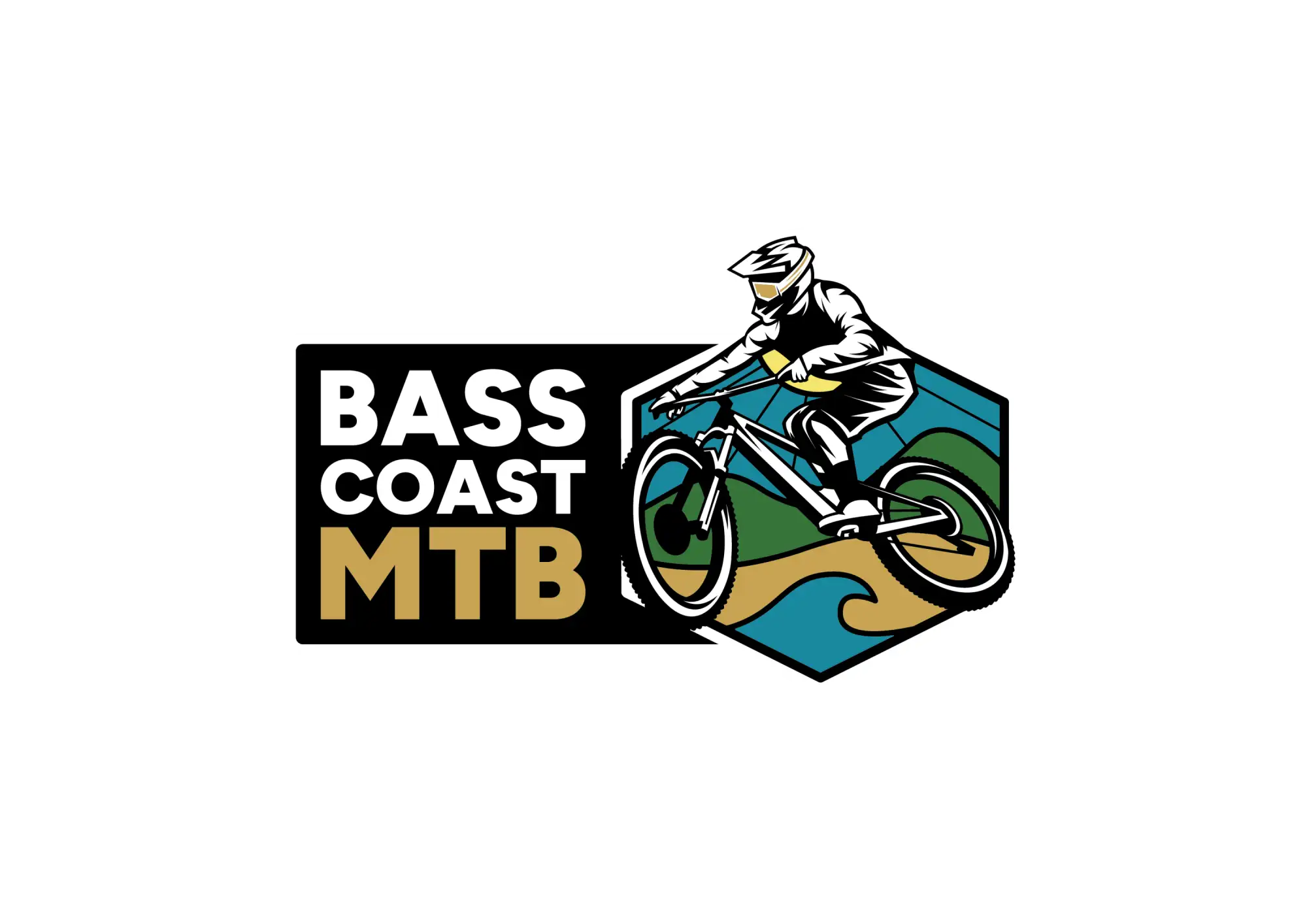 Bass coast mtb logo featuring a stylized mountain biker in white gear riding over teal and green terrain with bold black, white, and gold text.