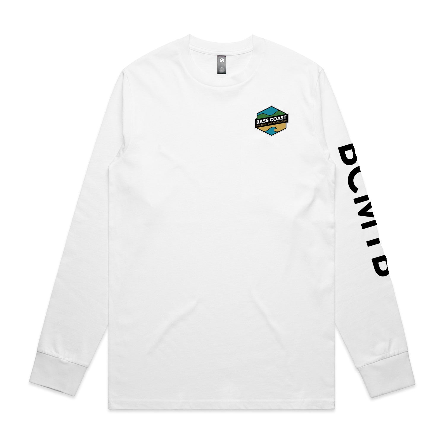 White long-sleeve t-shirt with a colorful hexagonal logo on the chest and vertical black text on the right sleeve.