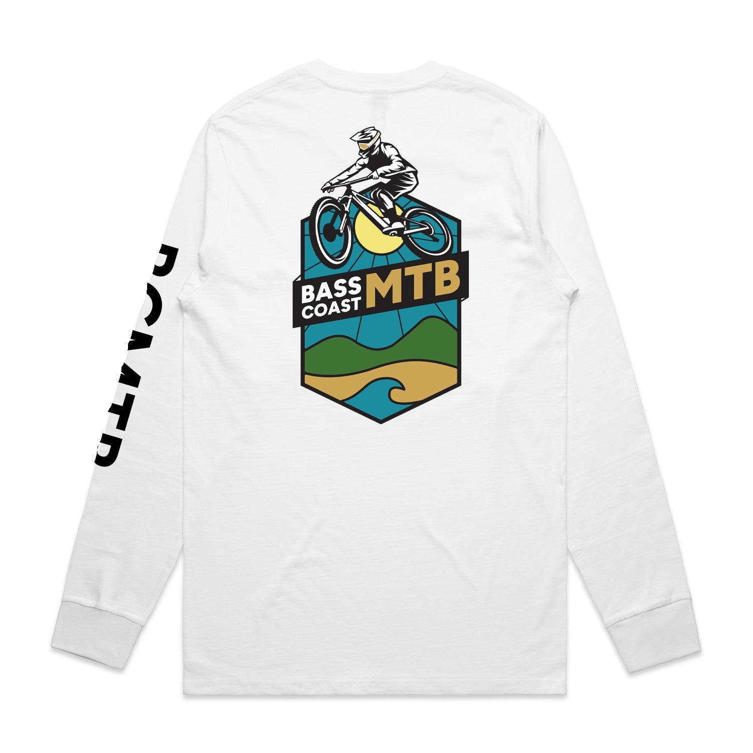 White long-sleeved t-shirt with a colorful mountain biking graphic on the back.