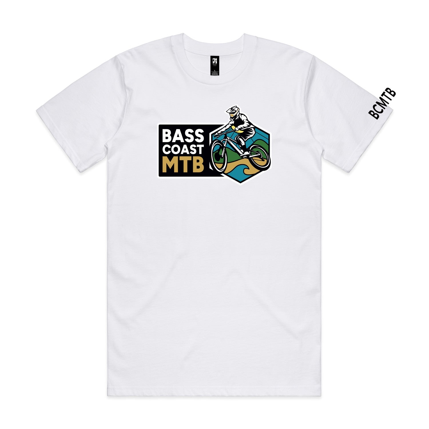 White t-shirt with a colorful mountain biking graphic.