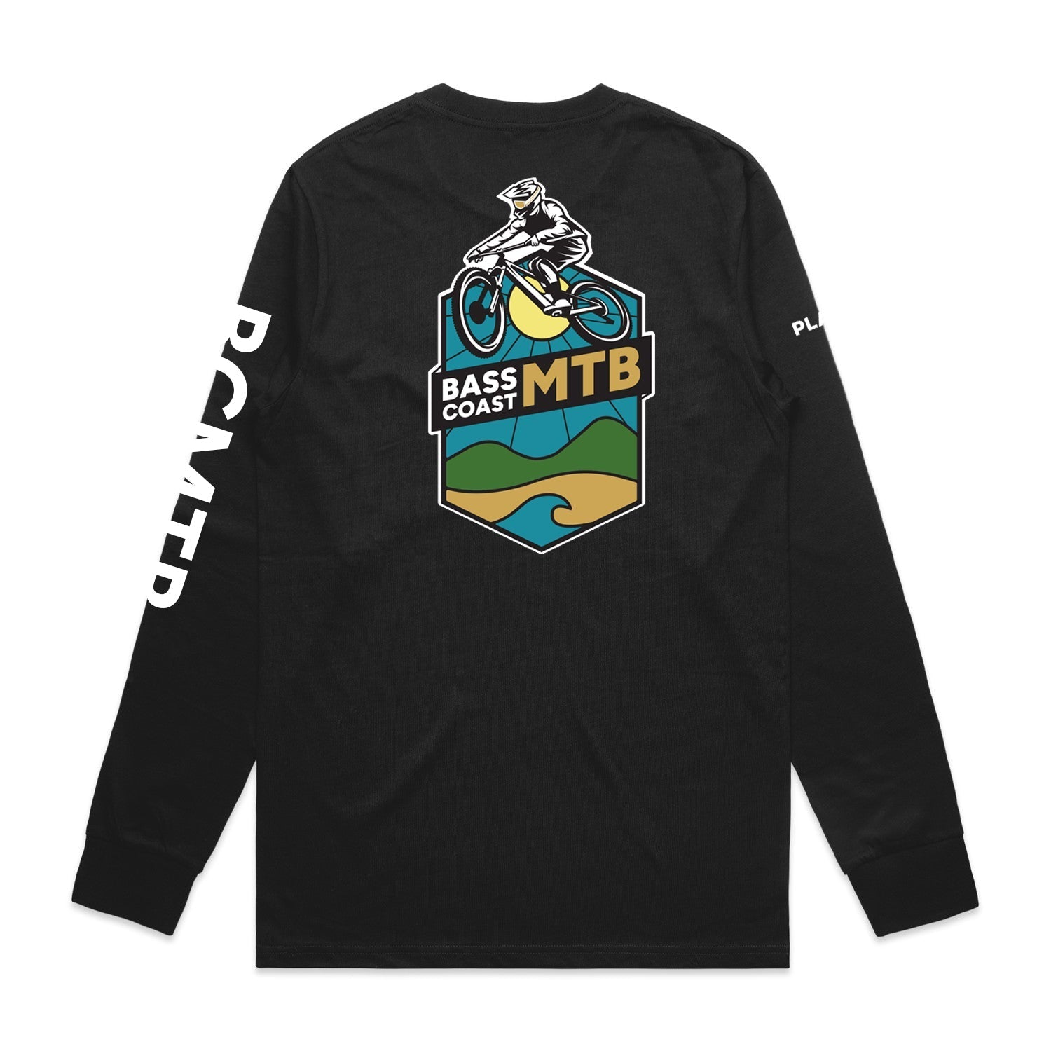 Black long-sleeved t-shirt with a colorful Bass Coast MTB graphic on the back.