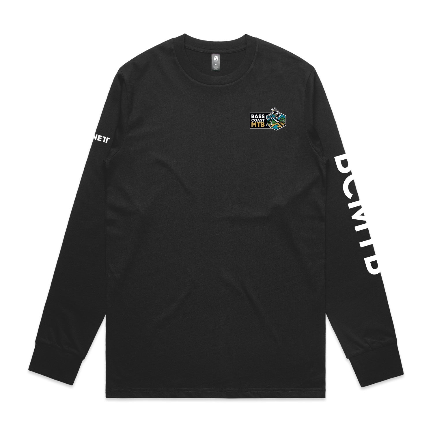 Black long-sleeved t-shirt with ’downtown’ text on the sleeve and graphic design on chest, likely made of cotton or polyester blend.