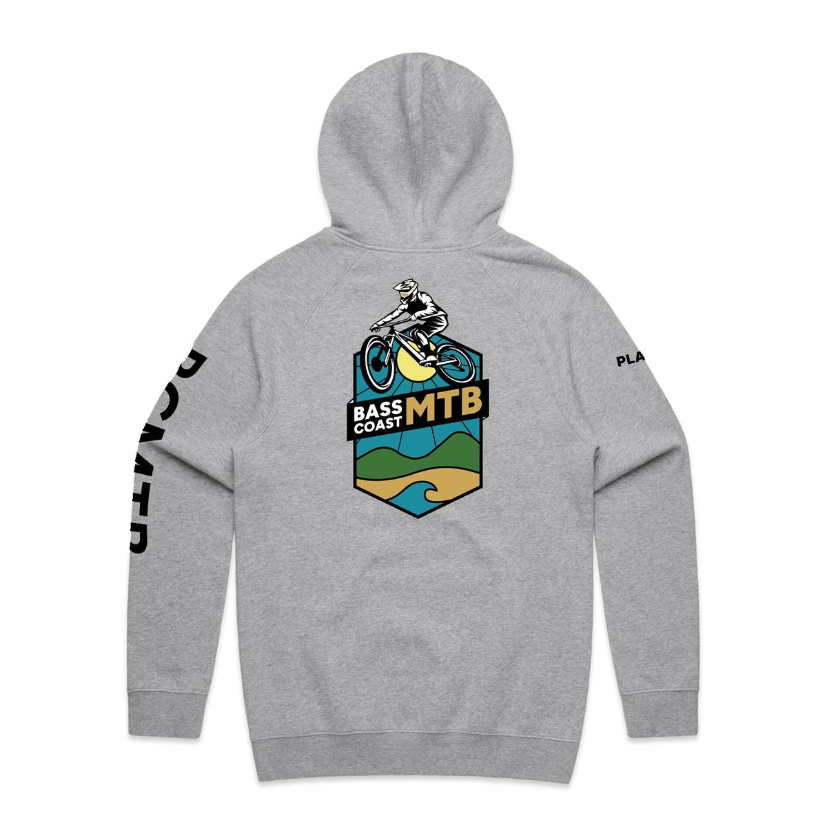 Gray hooded sweatshirt with a mountain biking graphic on the back.