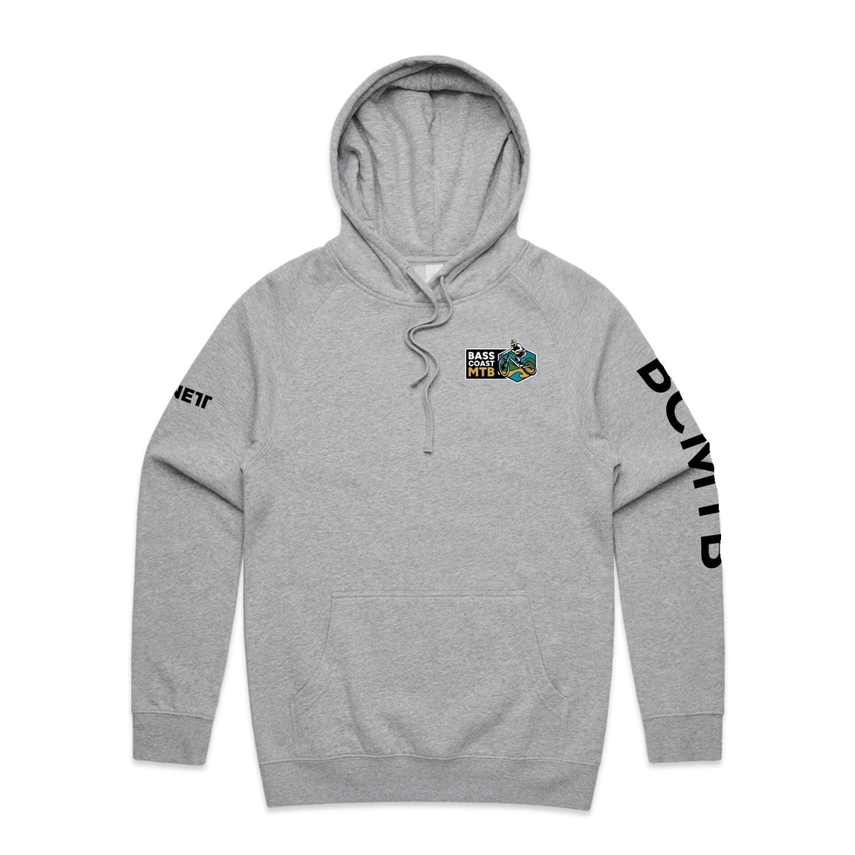 Heather gray hoodie with hood, front pocket and sleeve design featuring ’bowie’ text.