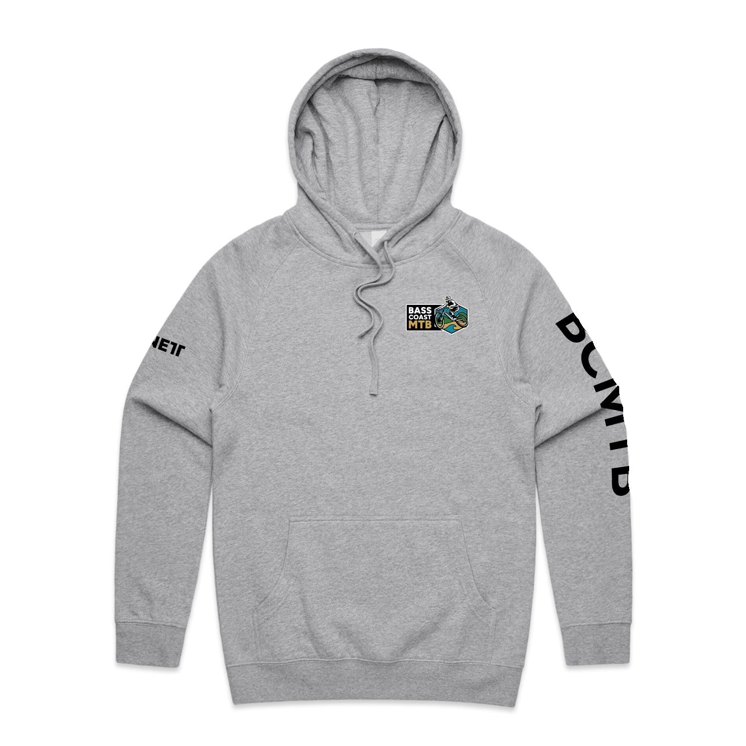 Heather gray hoodie with hood, front pocket and sleeve design featuring ’bowie’ text.