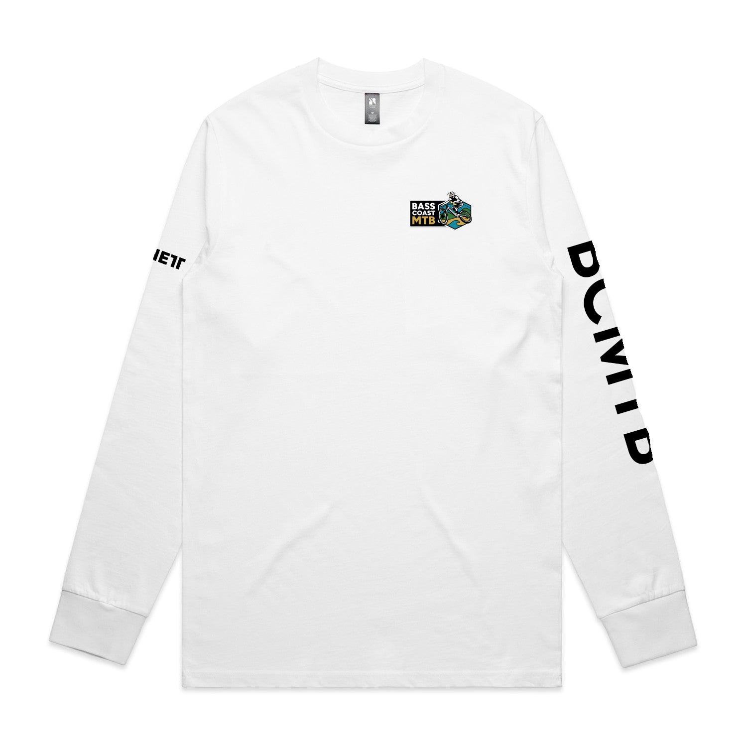White long-sleeved t-shirt with ’dumid’ printed on the sleeve and a small graphic design near the collar.
