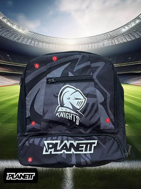 Black and gray sports backpack with a knight’s helmet logo.