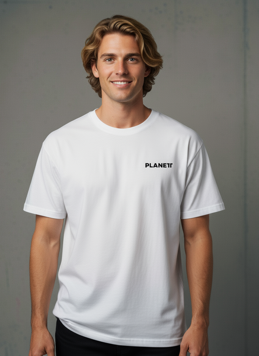 A young man wearing a white t-shirt.