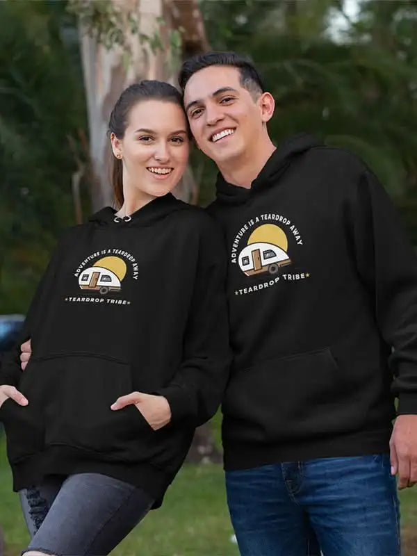 Black hoodie with yellow and white design featuring a vintage camper, ’vintage truck’ text.