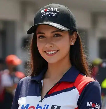 Black mobil 1 racing baseball cap with white and silver logo details.