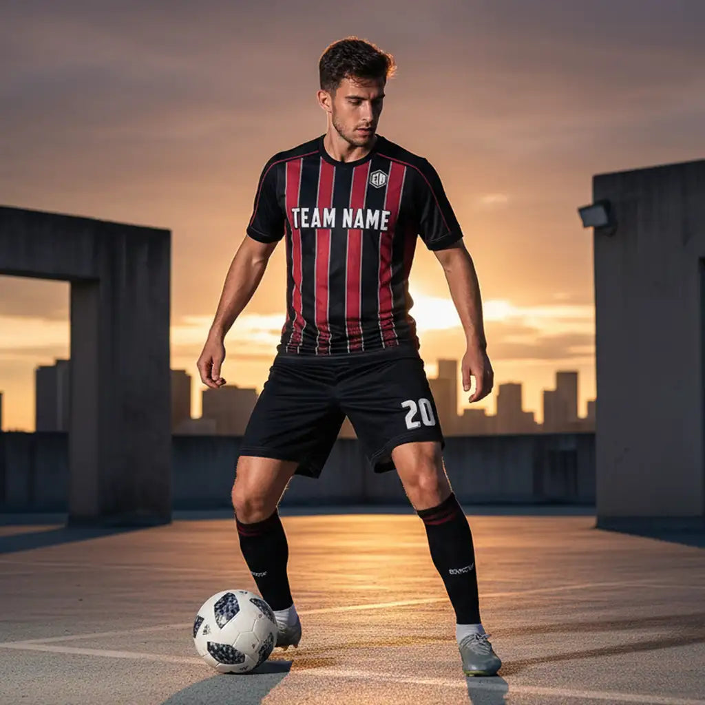 Black and red vertically striped soccer jersey with ’team name’ printed across the chest.