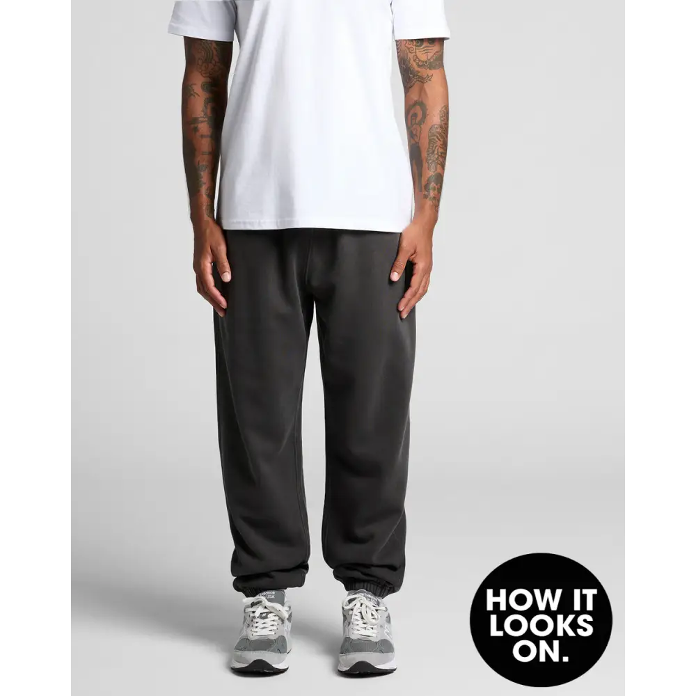 Gray sweatpants with white t-shirt.