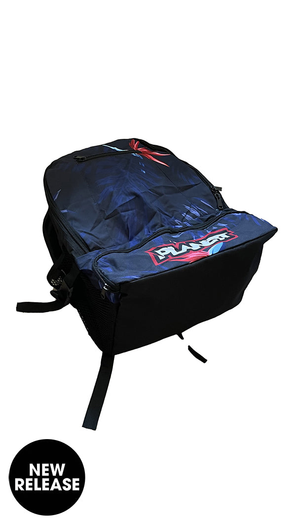 Black backpack with a blue and red ’punge’ logo on the front.