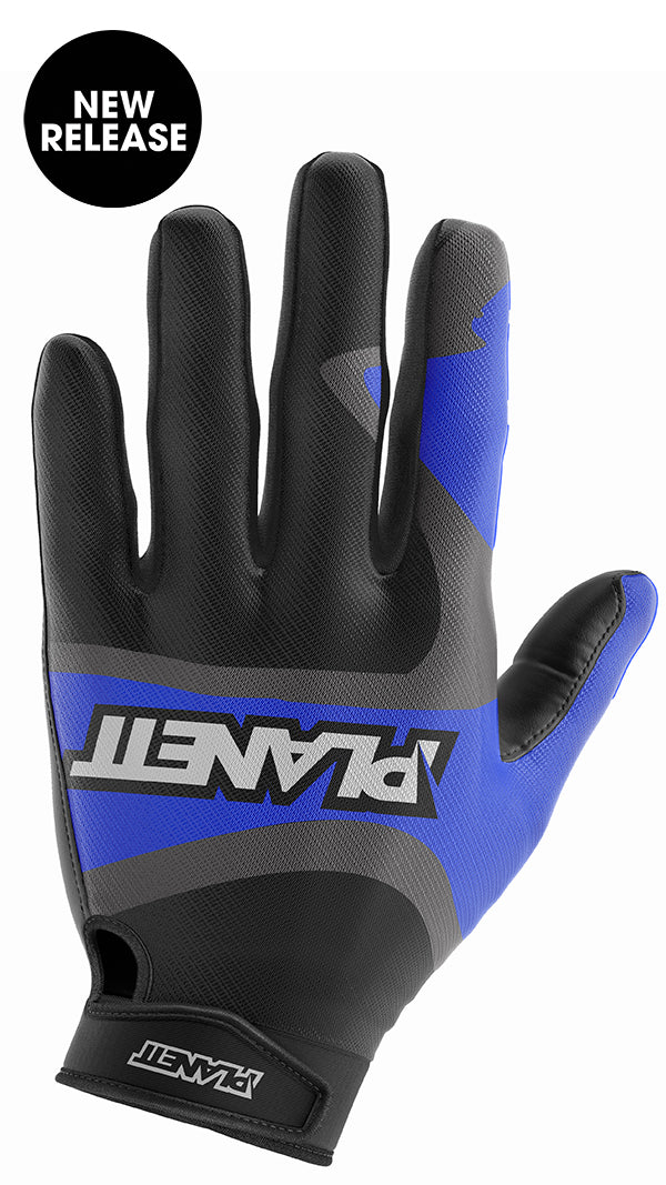 Black and blue motorcycle glove with ’planet’ logo.