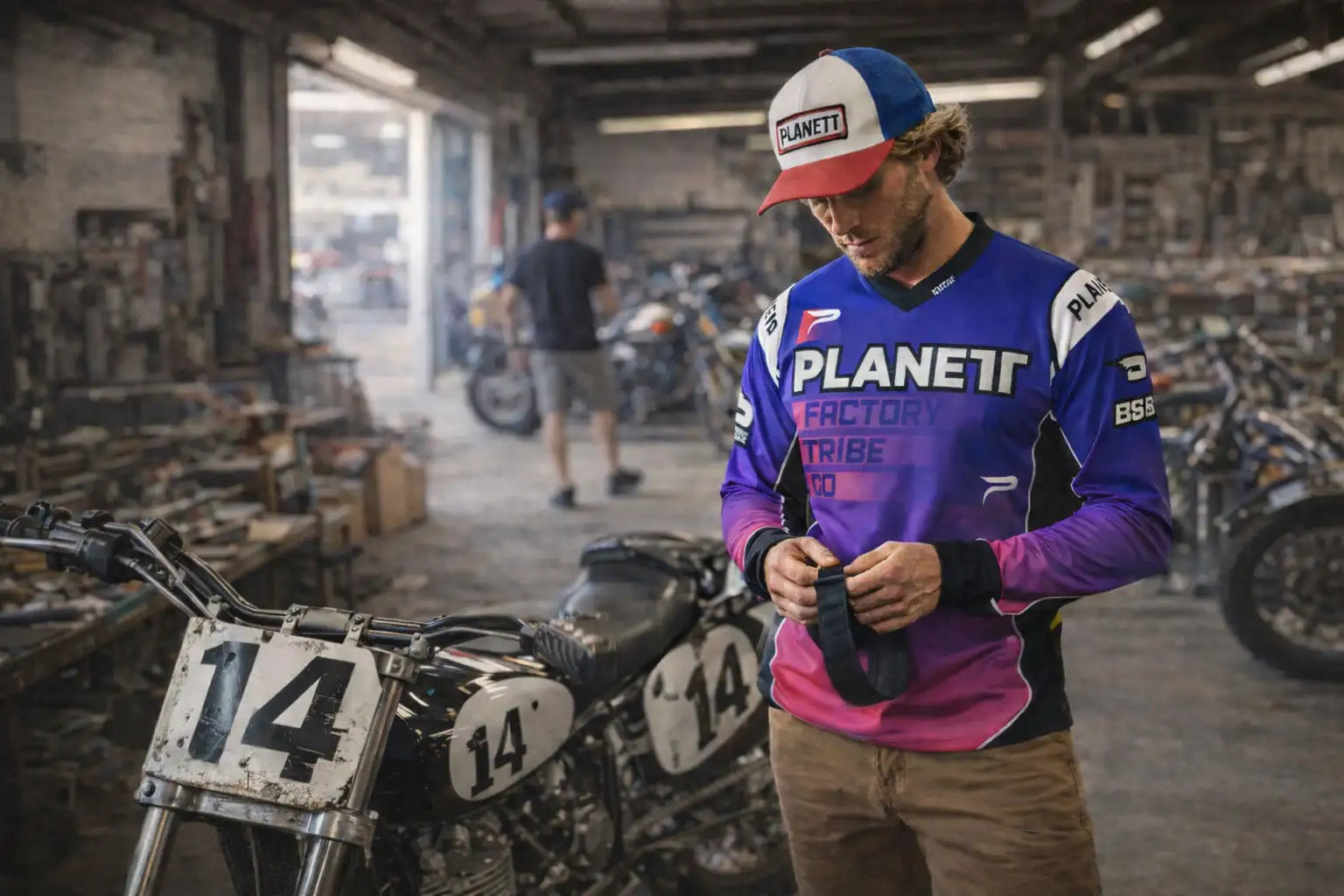 Blue, purple, and pink long-sleeved motocross jersey with ’planet’ branding