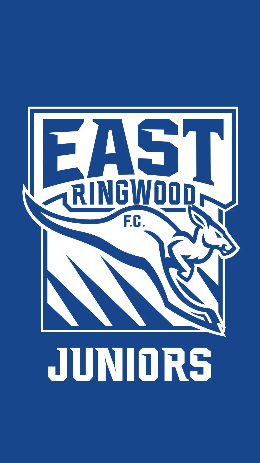 Blue and white east ringwood fc juniors logo featuring a stylized kangaroo in motion.