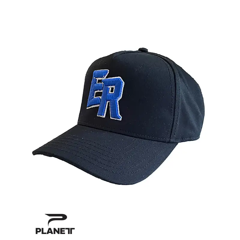 Black baseball cap with blue lettering.