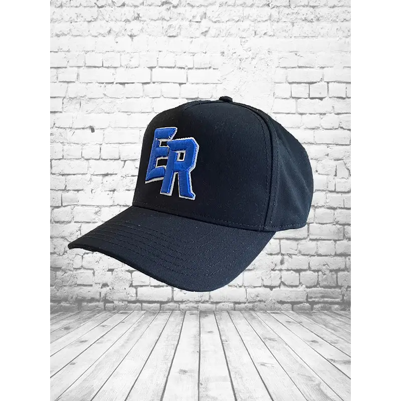 Black baseball cap with blue ’ER’ logo.
