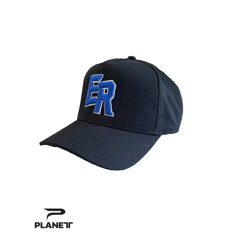 Dark baseball cap with blue letters.