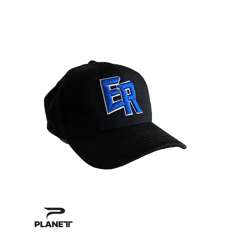 Black baseball cap with blue ’ER’ logo.