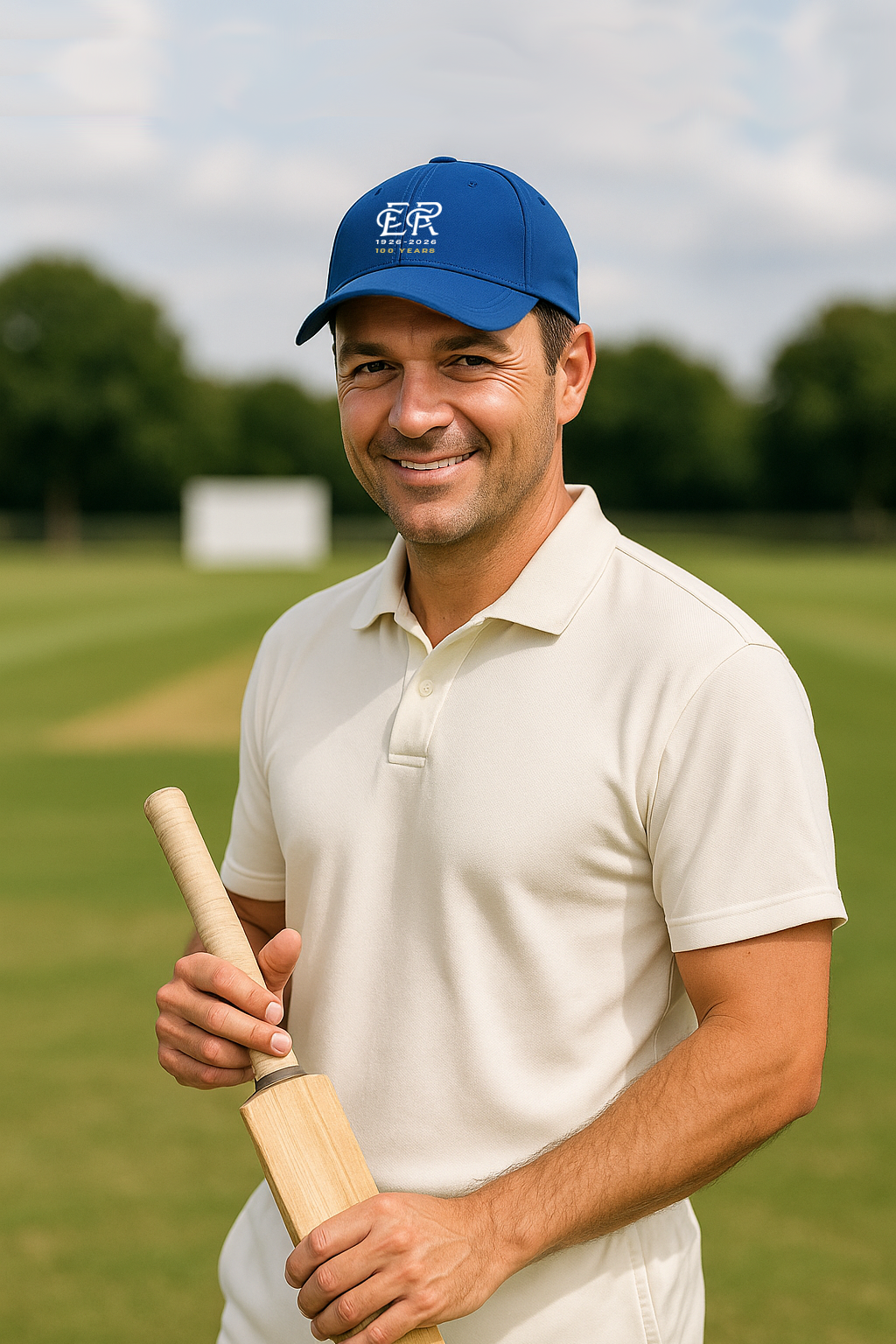 A smiling man in a cream polo shirt and blue cap, holding a cricket bat.