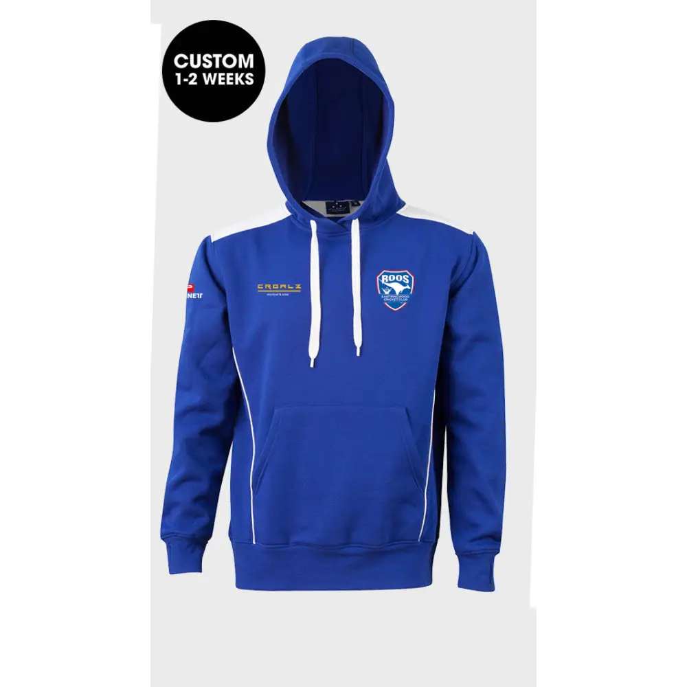 Blue and white hooded sweatshirt.