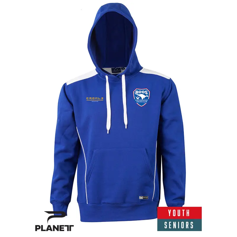 Blue hooded sweatshirt.