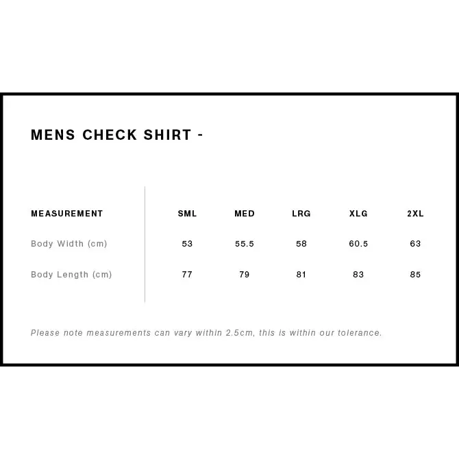 Menβs check shirt size chart.