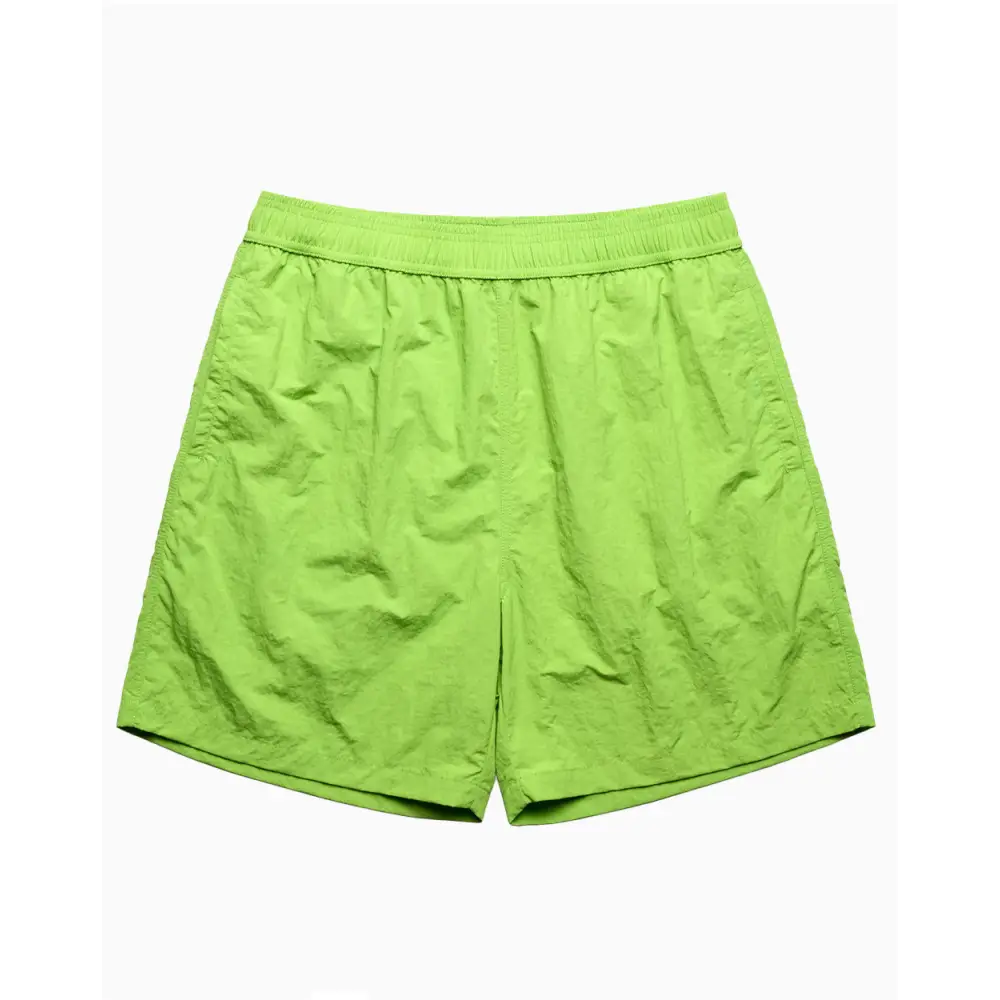 Green nylon shorts.