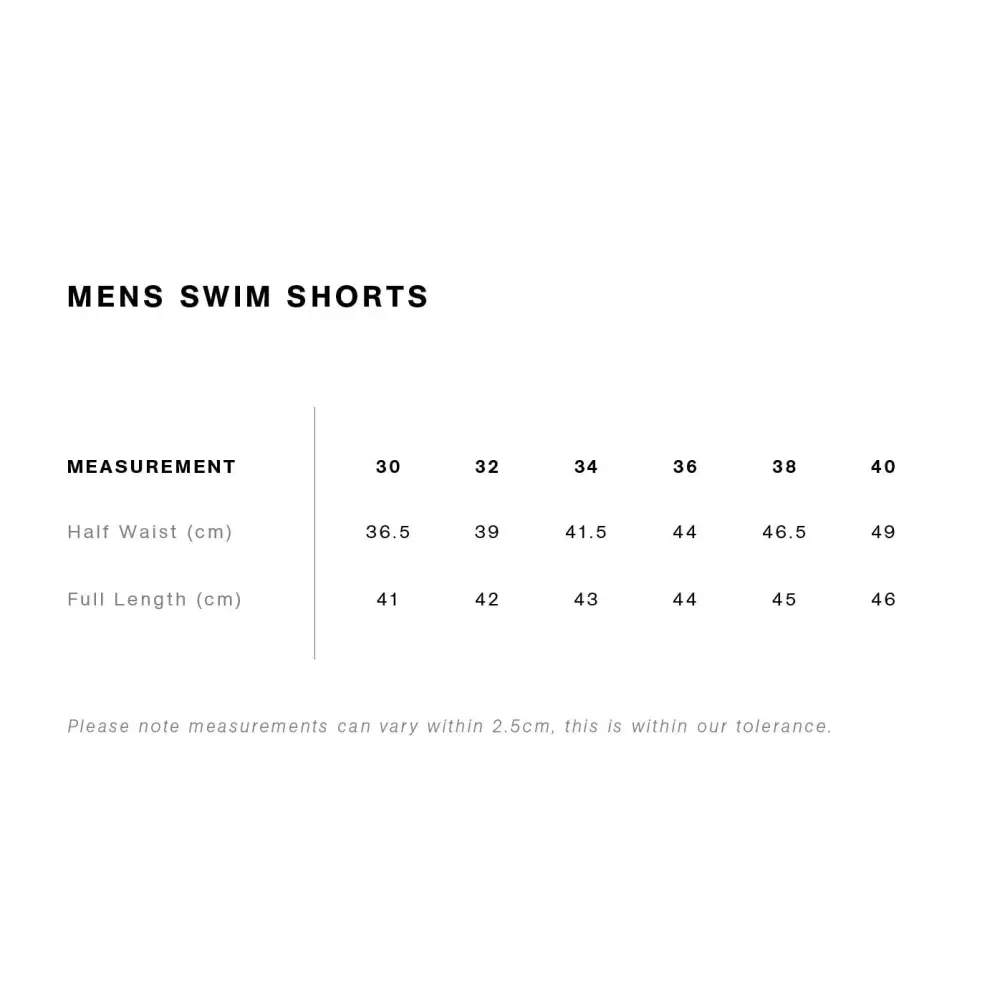 Men’s swim shorts size chart.