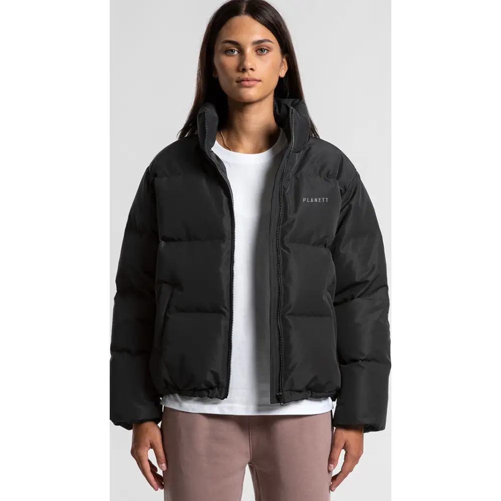 Black puffer jacket.