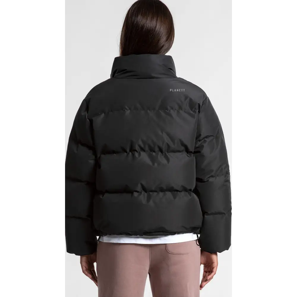Black puffer jacket.