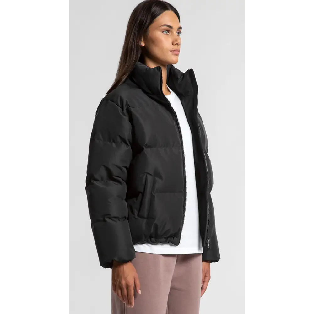 Black puffer jacket.