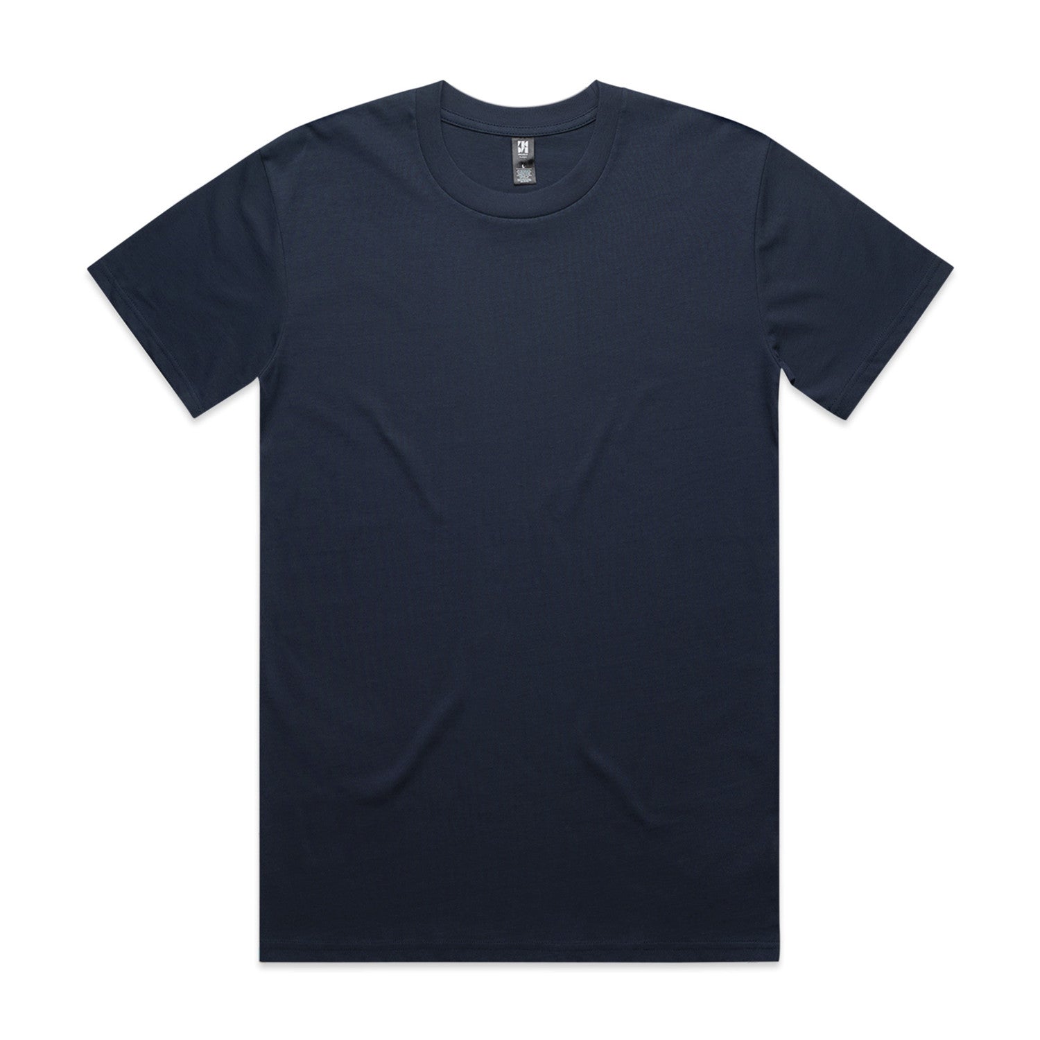 Navy blue crew neck t-shirt with short sleeves and a small white logo on the chest.